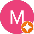 Pink circle with a white letter M in the middle, with a smaller orange circle in the bottom right with a four pointed white star in the middle.